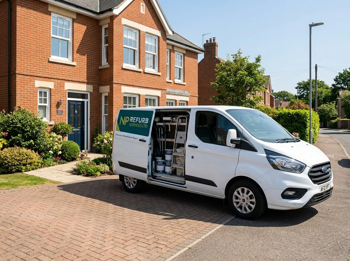 NP Refurb Services branded van with decorating tools outside a residential property